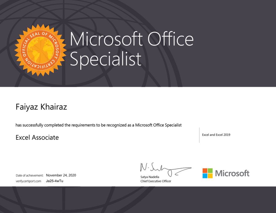 Microsoft Office Specialist: Excel Associate certificate for Faiyaz M Khairaz