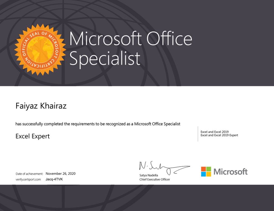 Microsoft Office Specialist: Excel Expert certificate for Faiyaz M Khairaz